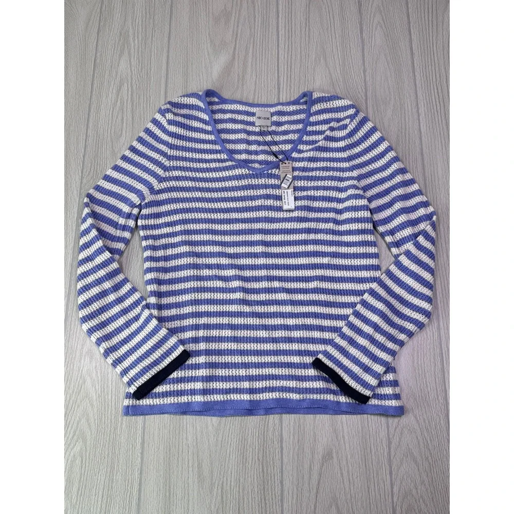 Nic+Zoe Blue Multi Striped Open Knit Scoop Neck Sweater NEW With Tags